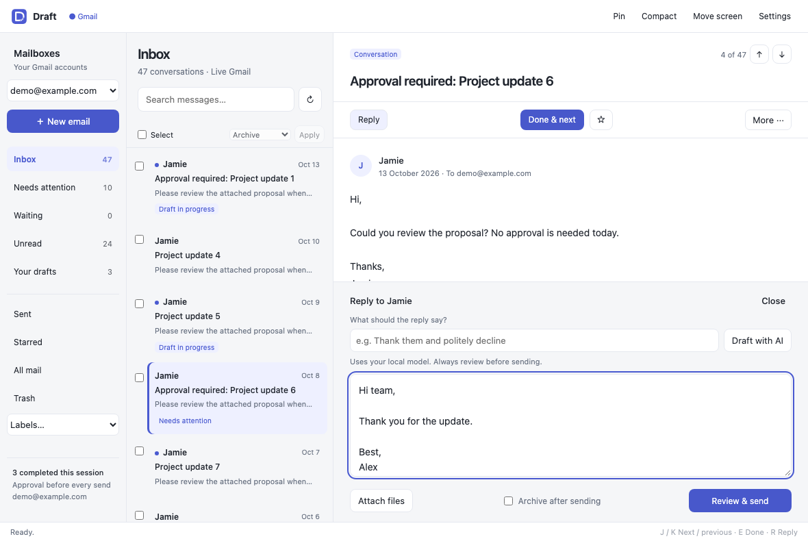 Draft's three-pane Gmail workspace with mailbox folders, a conversation and an editable AI-assisted reply. All messages shown are fictional.